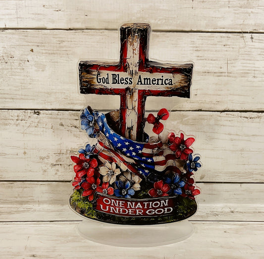 TM Patriotic Decor - Acrylic One Nation Under God God Bless Cross