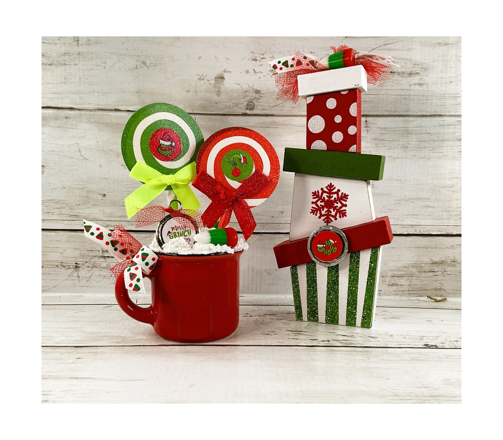 AGD Christmas Decor - Whimsy Red White Green Latte Cup Stacking Gifts 2pc