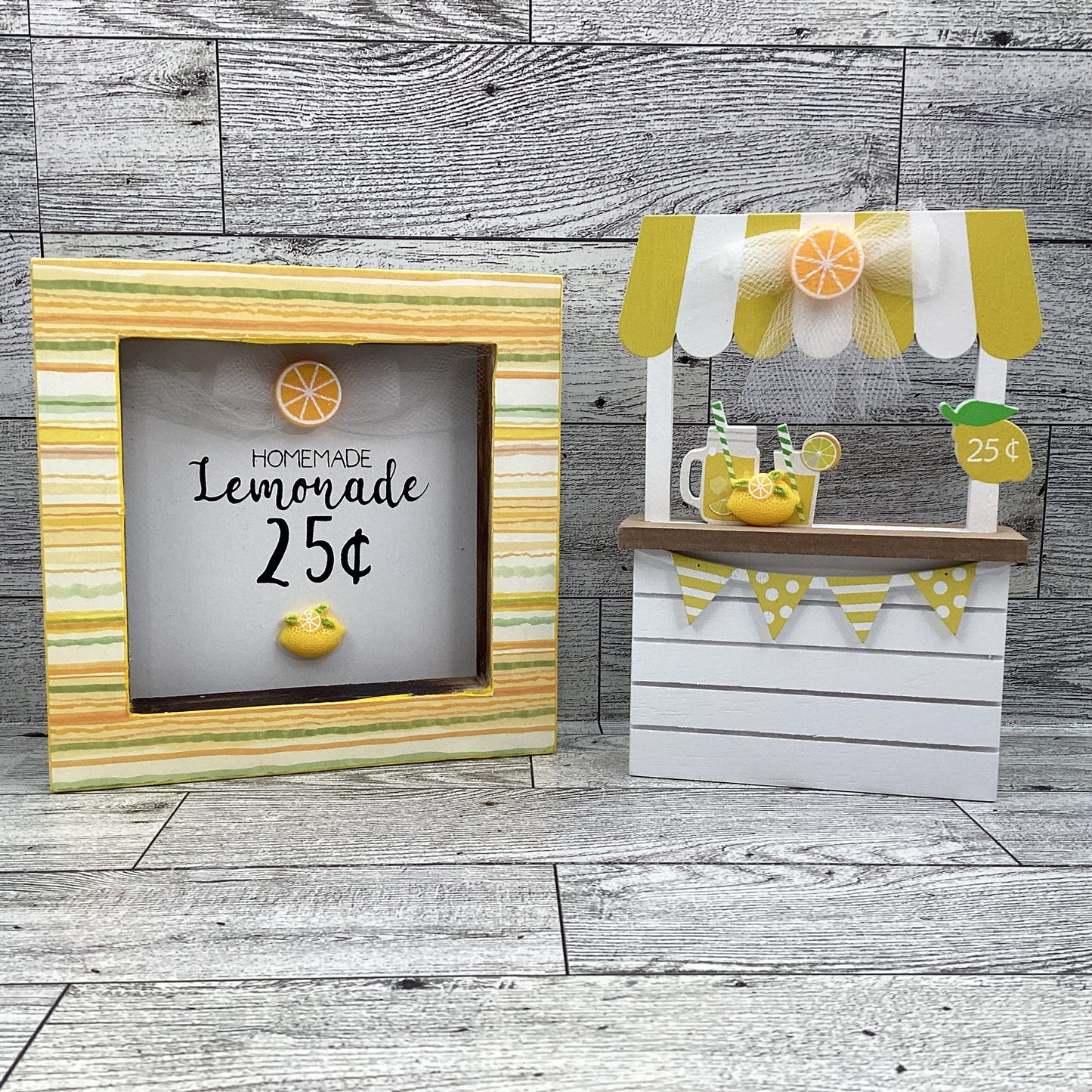 Summer Decor Lemon Lemonade Booth, Stand. Pitcher, Glass Tier Tray 5pc S
