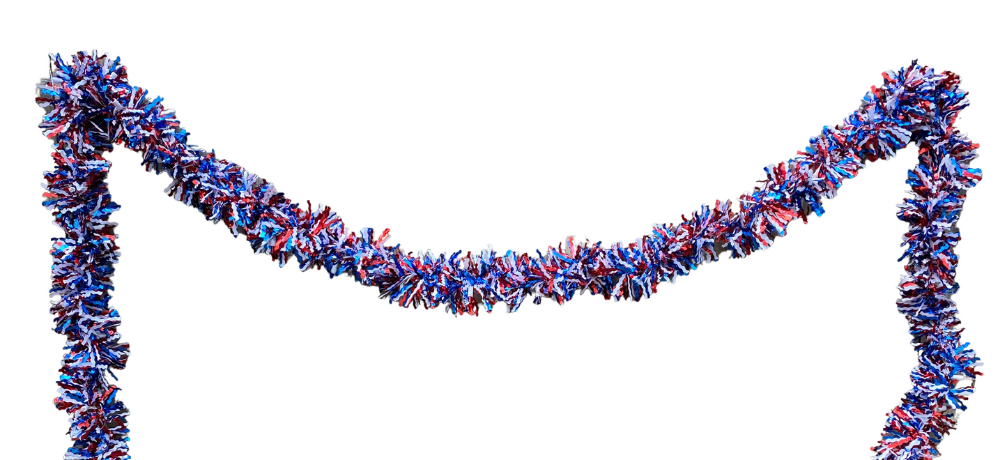 AGD Patriotic Decor - Red White Blue Thick Tinsel Lighted Garland 12ft