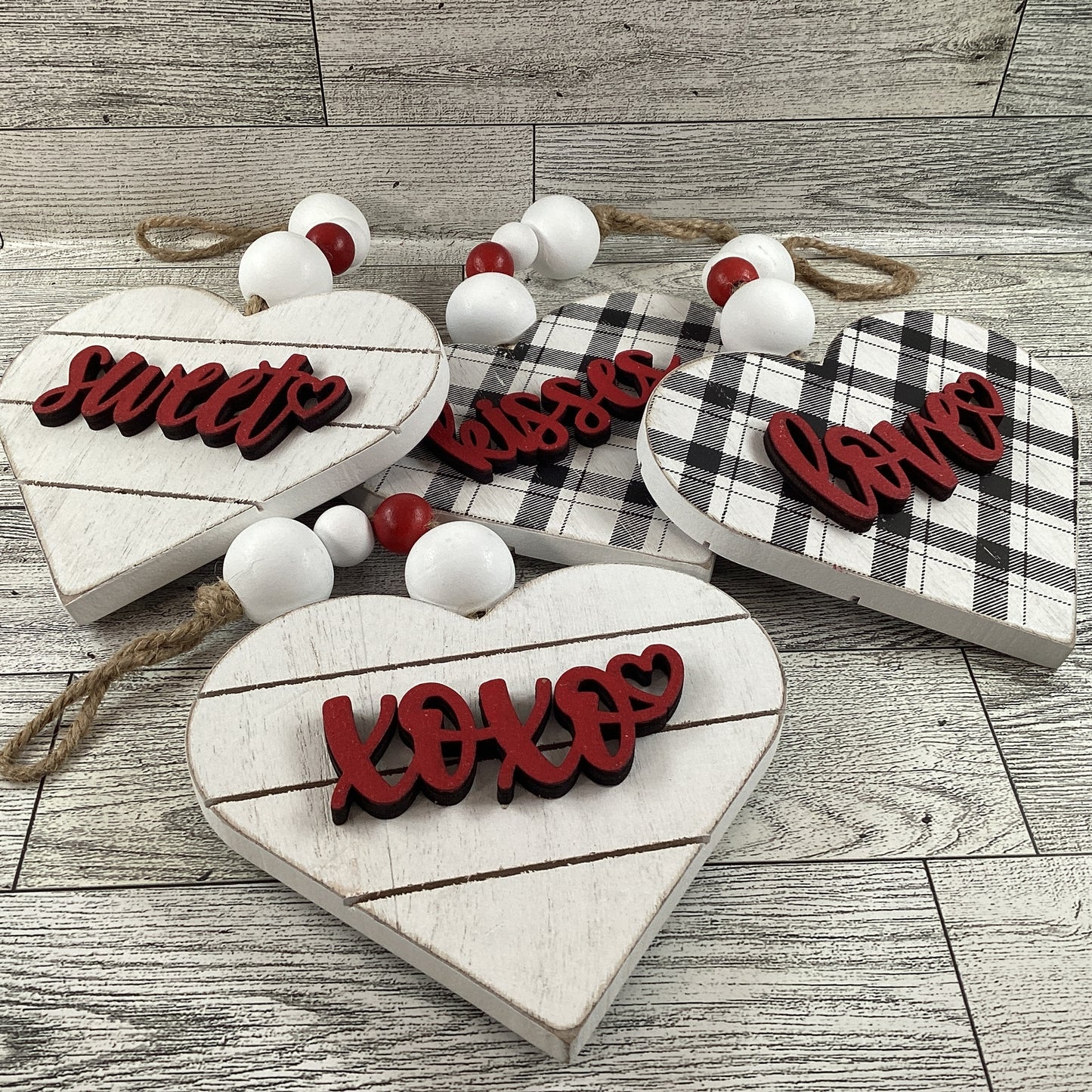 AGD Valentines Decor - Buffalo Plaid Layer Wood Ornaments 4pc Set