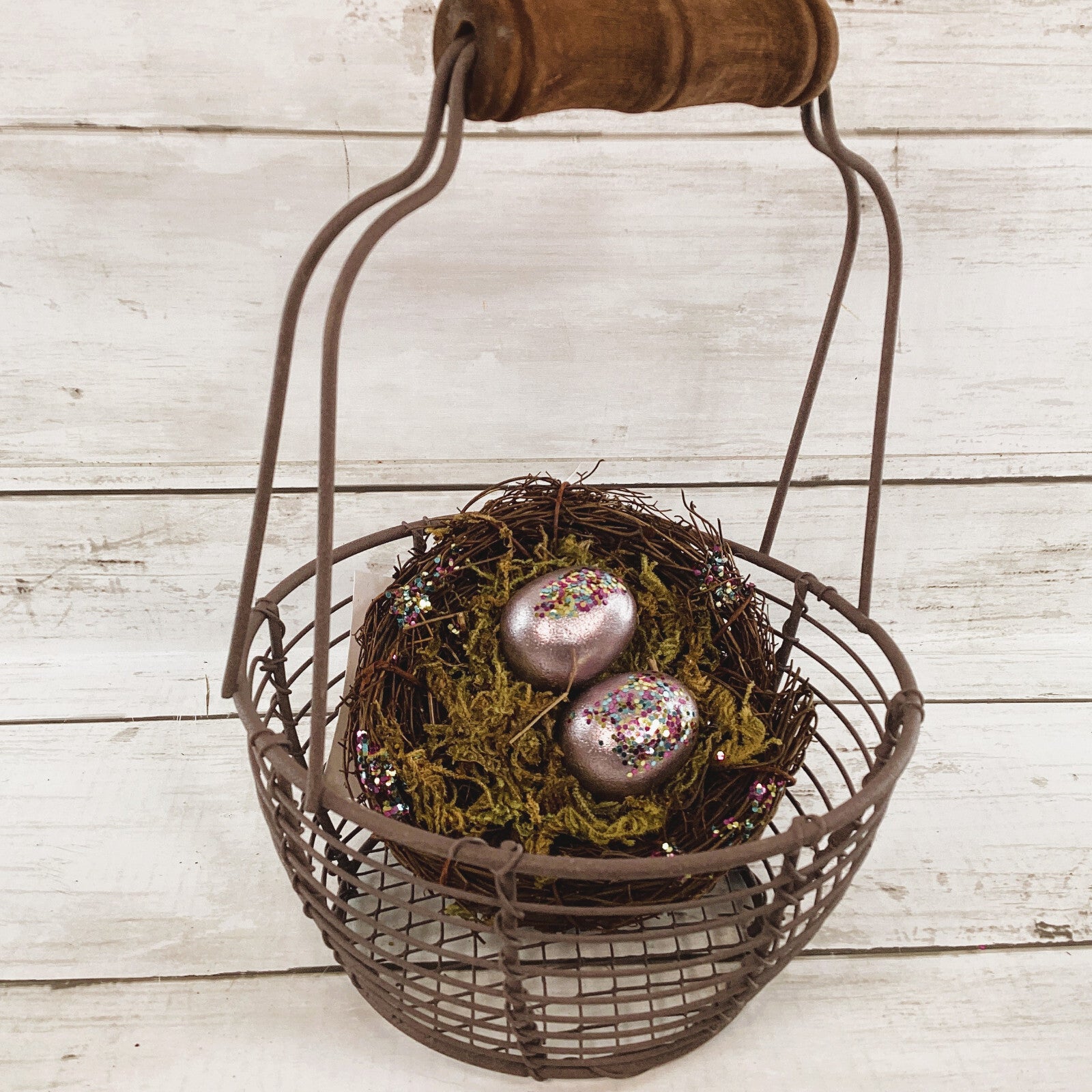 CWI Easter Decor - Prim Egg Basket Wood Eggs Birds Nest