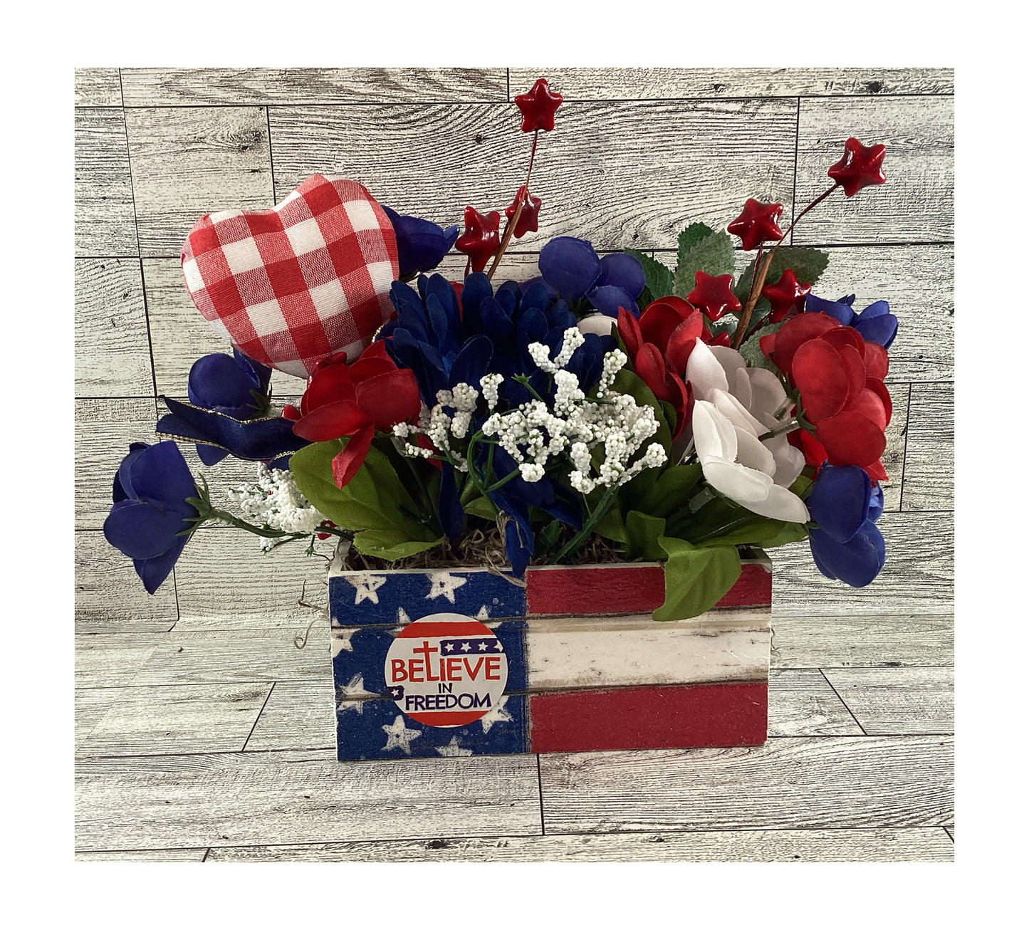 AGD Patriotic Decor - American Flag Floral Wood Crate Floral Display