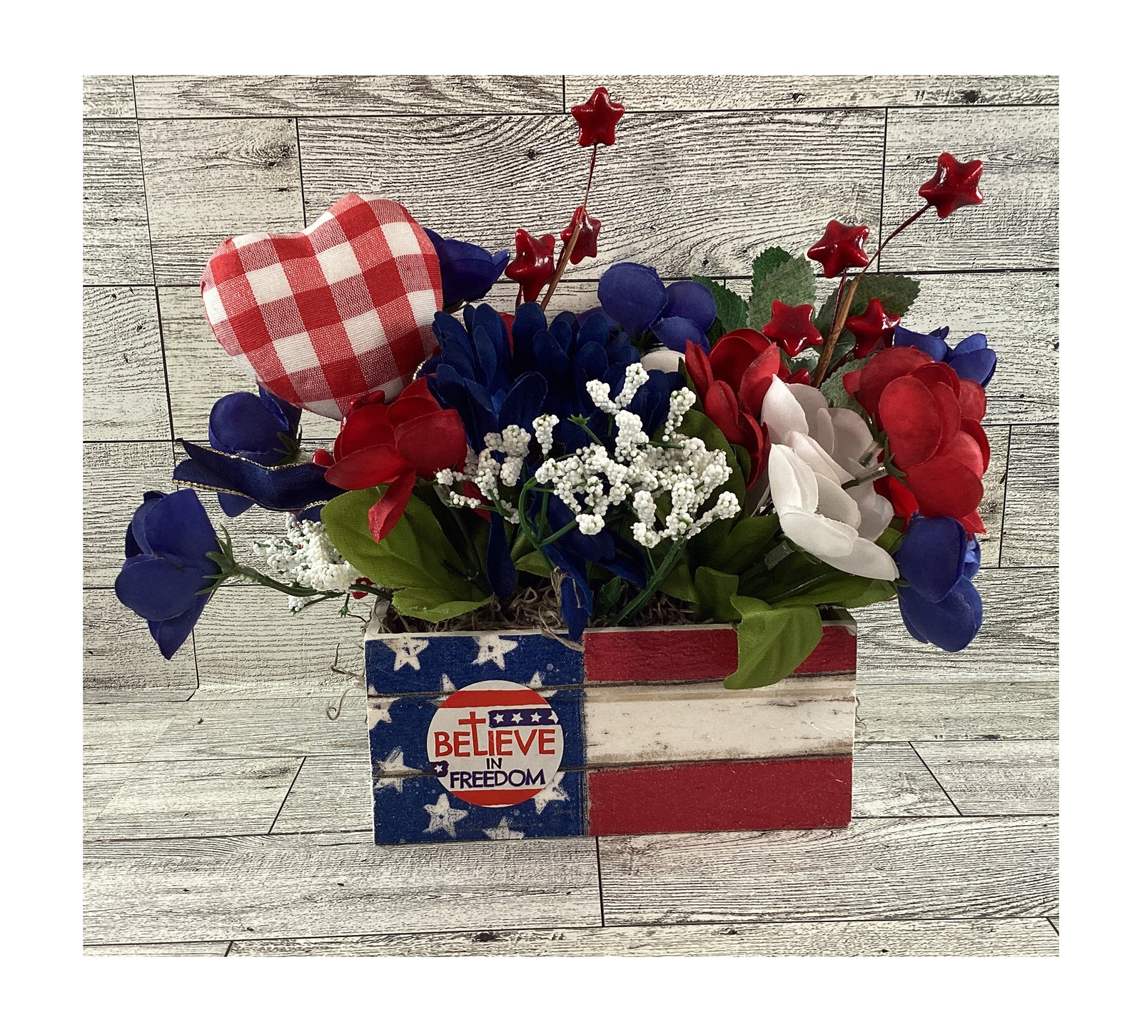 AGD Patriotic Decor - American Flag Floral Wood Crate Floral Display