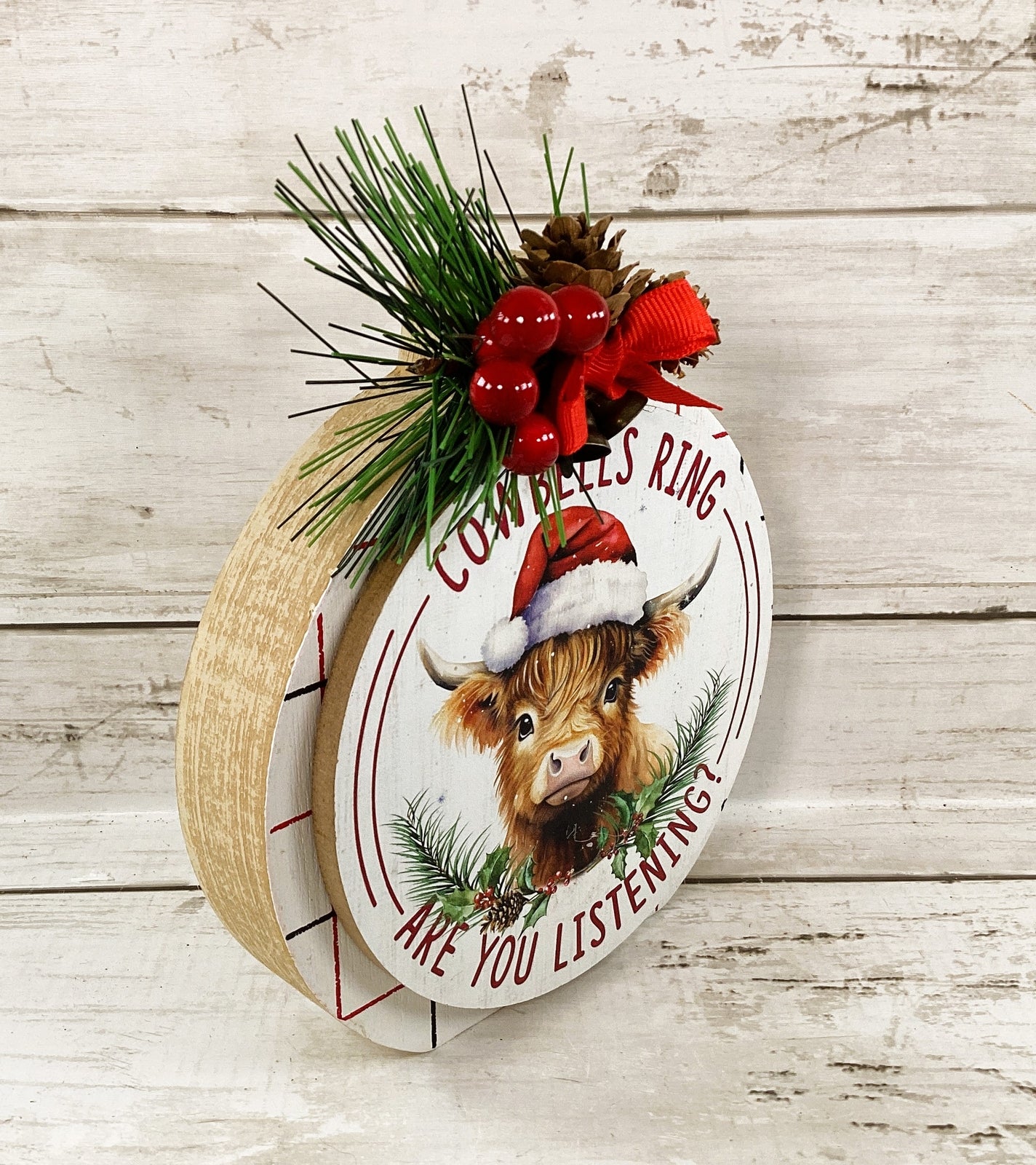 AGD Christmas Decor -  Highland Cow Bells Chunky Wood Bulb Sitter