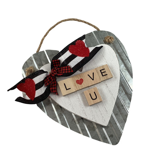 AGD Valentines Decor - Love You Wood Tile Tin Wood Heart Ornament
