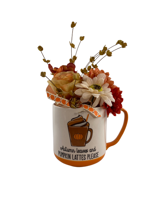 AGD Fall Decor  – Autumn Leaves Pumpkin Latte Coffee Cup Floral Display