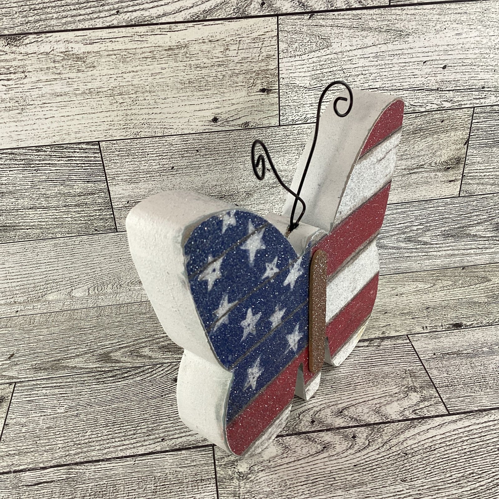 AGD Patriotic Decor - American Flag Chunky Wood Butterfly Sitter