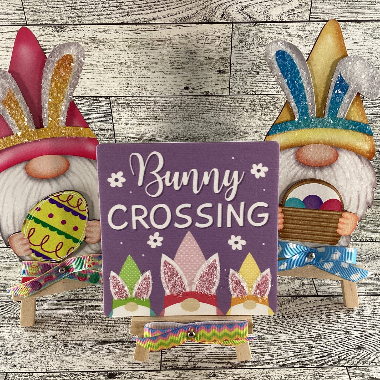 AGD Easter Decor - Wood Gnome Glitter Bunny Rabbit Tier Tray 3pc Set
