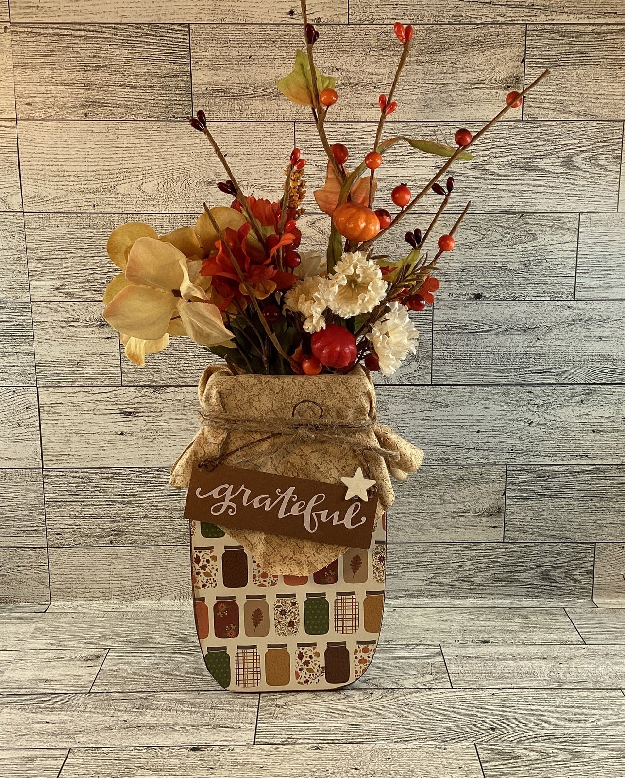 AGD Fall Decor - Autumn Grateful Thankful Floral Wood Mason Jar Display