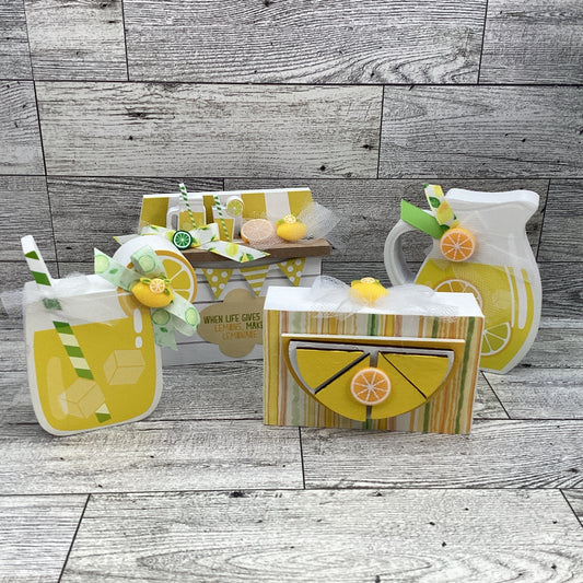 Summer Decor Lemon Lemonade Booth, Stand. Pitcher, Glass Tier Tray 4pc Set