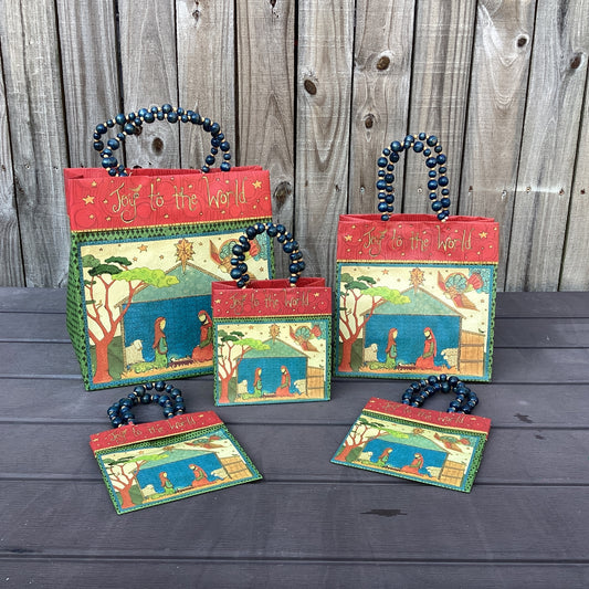 HL Christmas Supply - Nativity Theme Joy to the World Bead Gift Bags 5pc Set