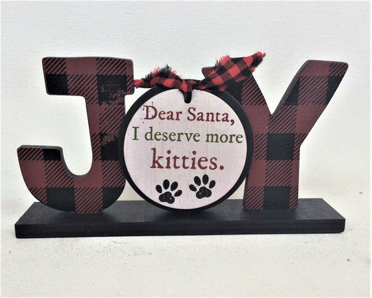 AGD Christmas Decor - Buffalo Check Plaid Joy Cat Tabletop Sign