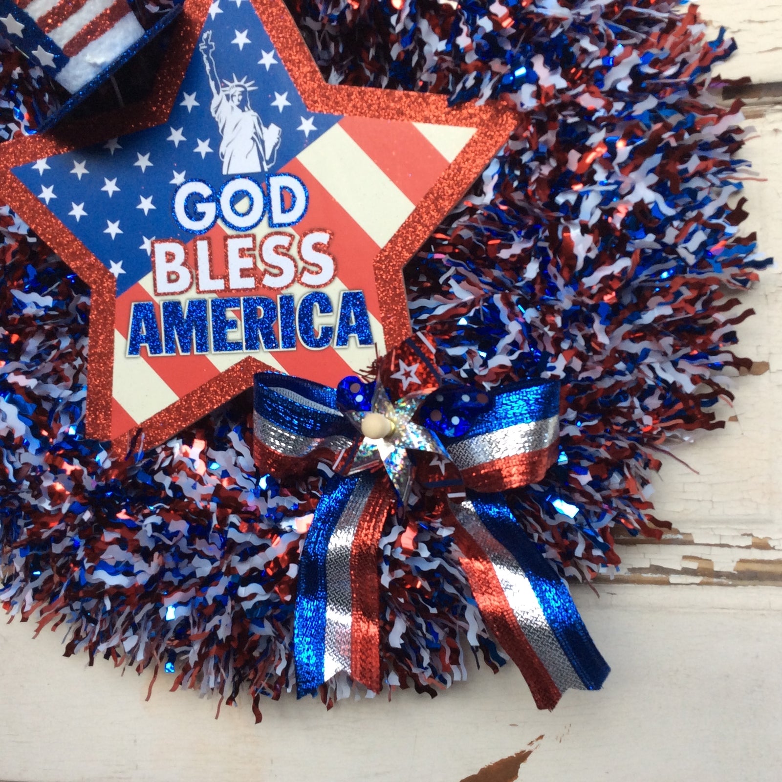 AGD Patriotic Decor - God Bless America Tinsel Wreath