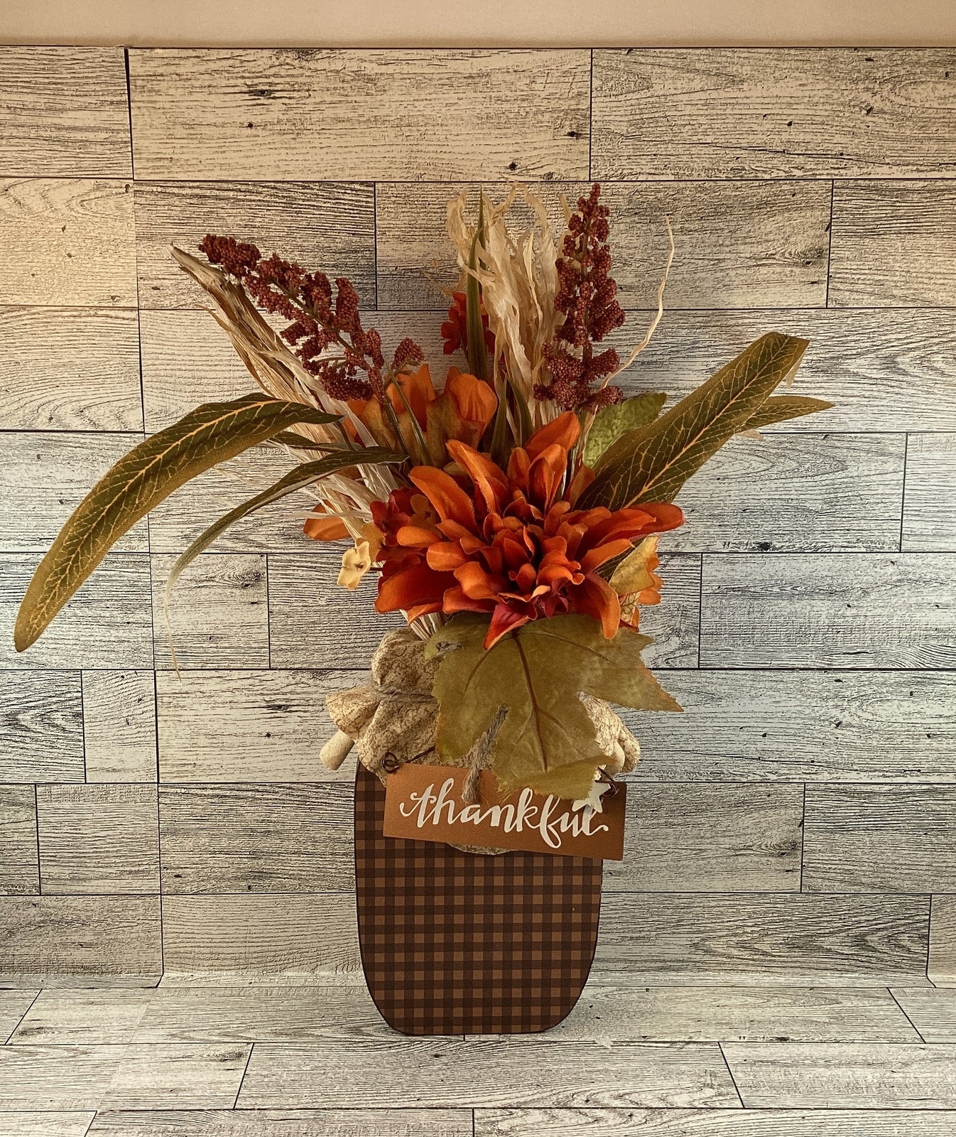 AGD Fall Decor - Autumn Grateful Thankful Floral Wood Mason Jar Display