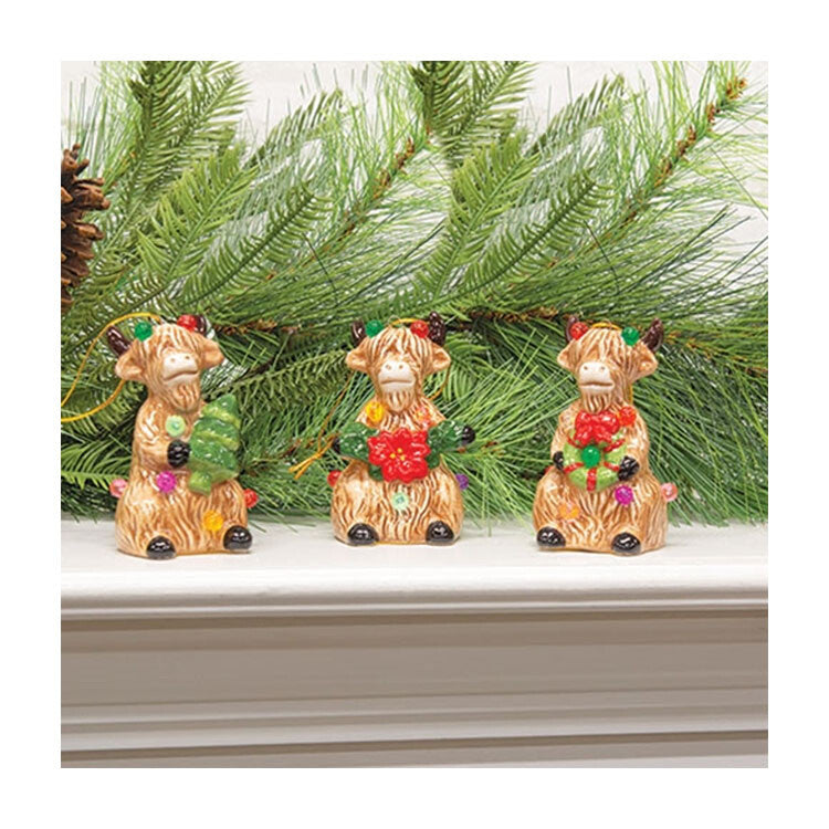CWI Christmas Decor - Ceramic Lighted Highland Cow Figurines 3pc Set