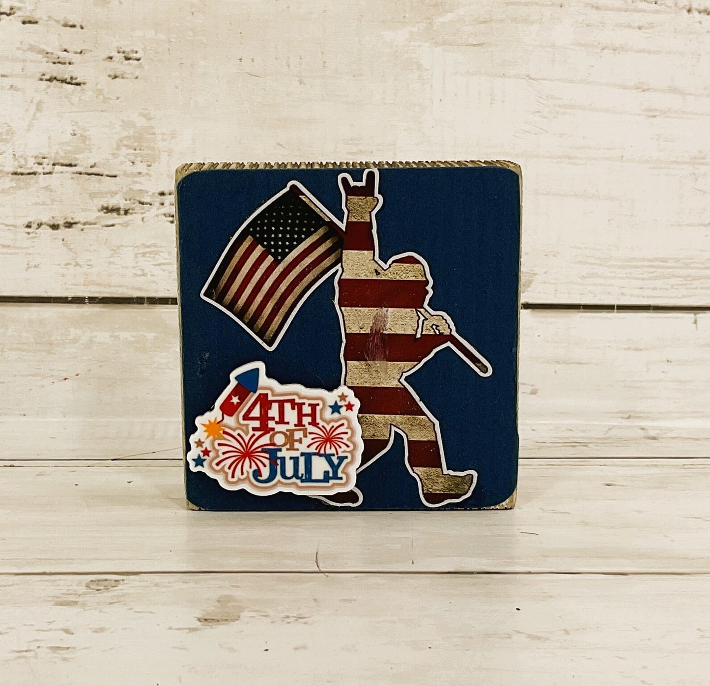 AGD Patriotic Decor- July 4th Bigfoot Sasquatch Wood Block Small Sign