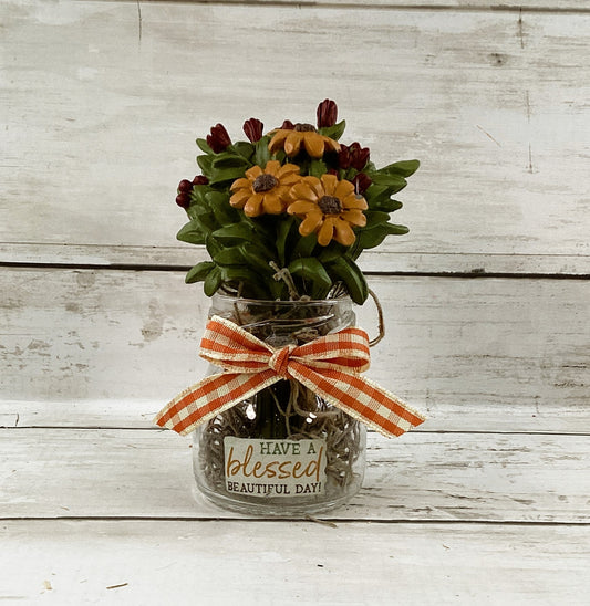 AGD  Fall Decor - Small Glass Jar Blessed Day Resin Sunflowers