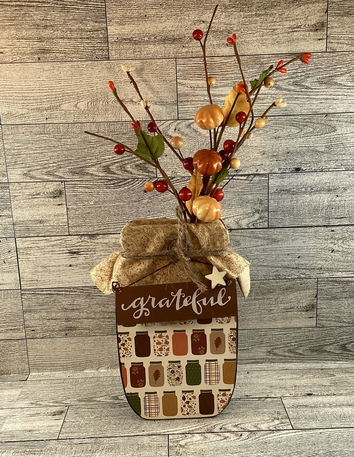 AGD Fall Decor - Autumn Grateful Thankful Floral Wood Mason Jar Display
