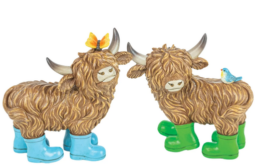 Gerson Spring Garden Decor - Rainboot Highland Coo Cow Figurines 2pc