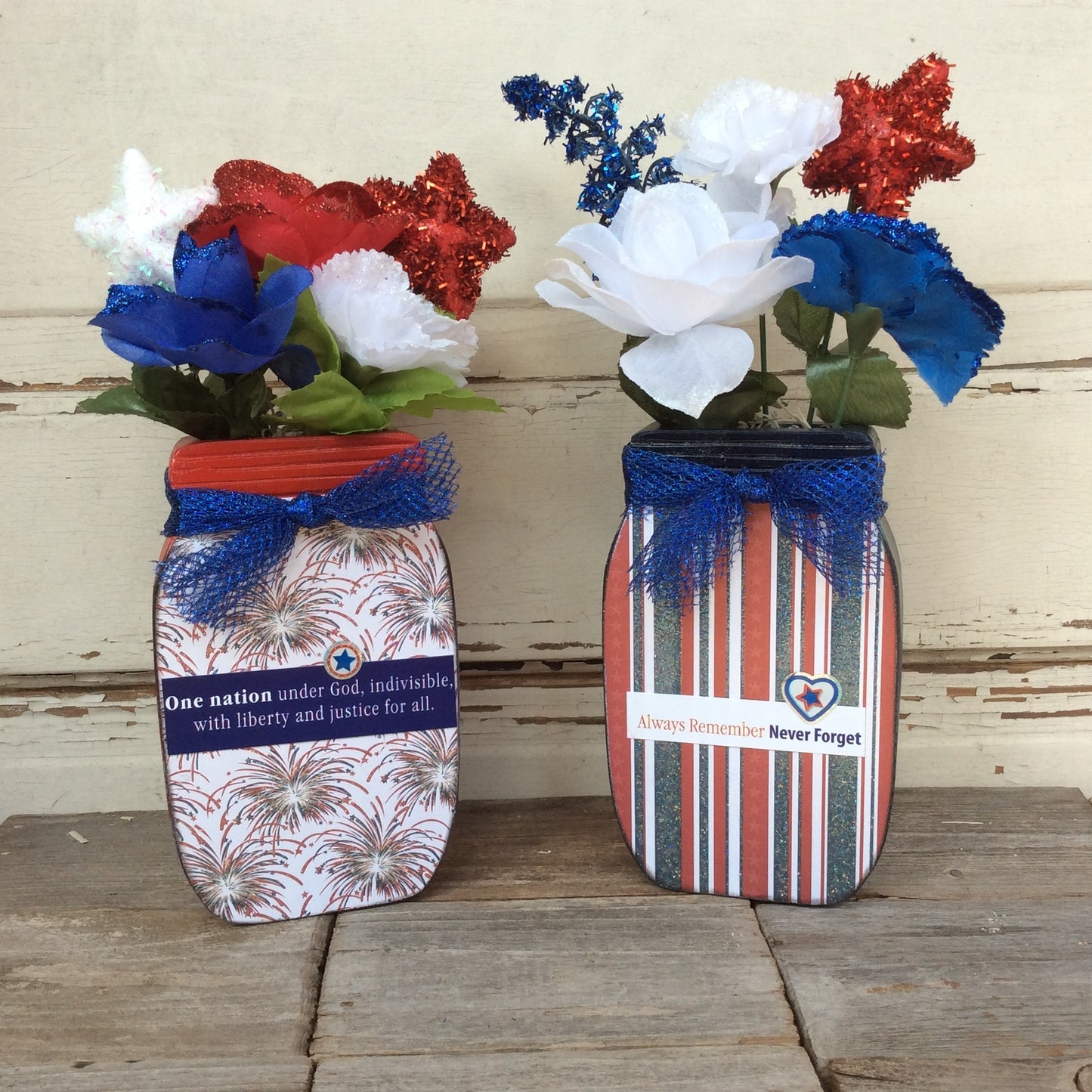 AGD Patriotic Decor - One Nation Sept 11th Floral Wood Mason Jar 2pc Set