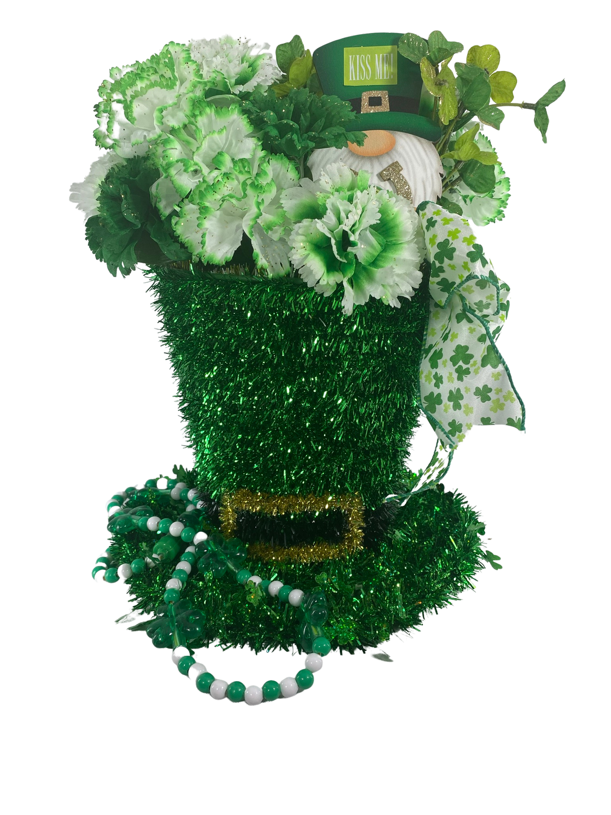 AGD St Patrick's Decor - Large Green Lighted Tinsel Tophat Centerpiece