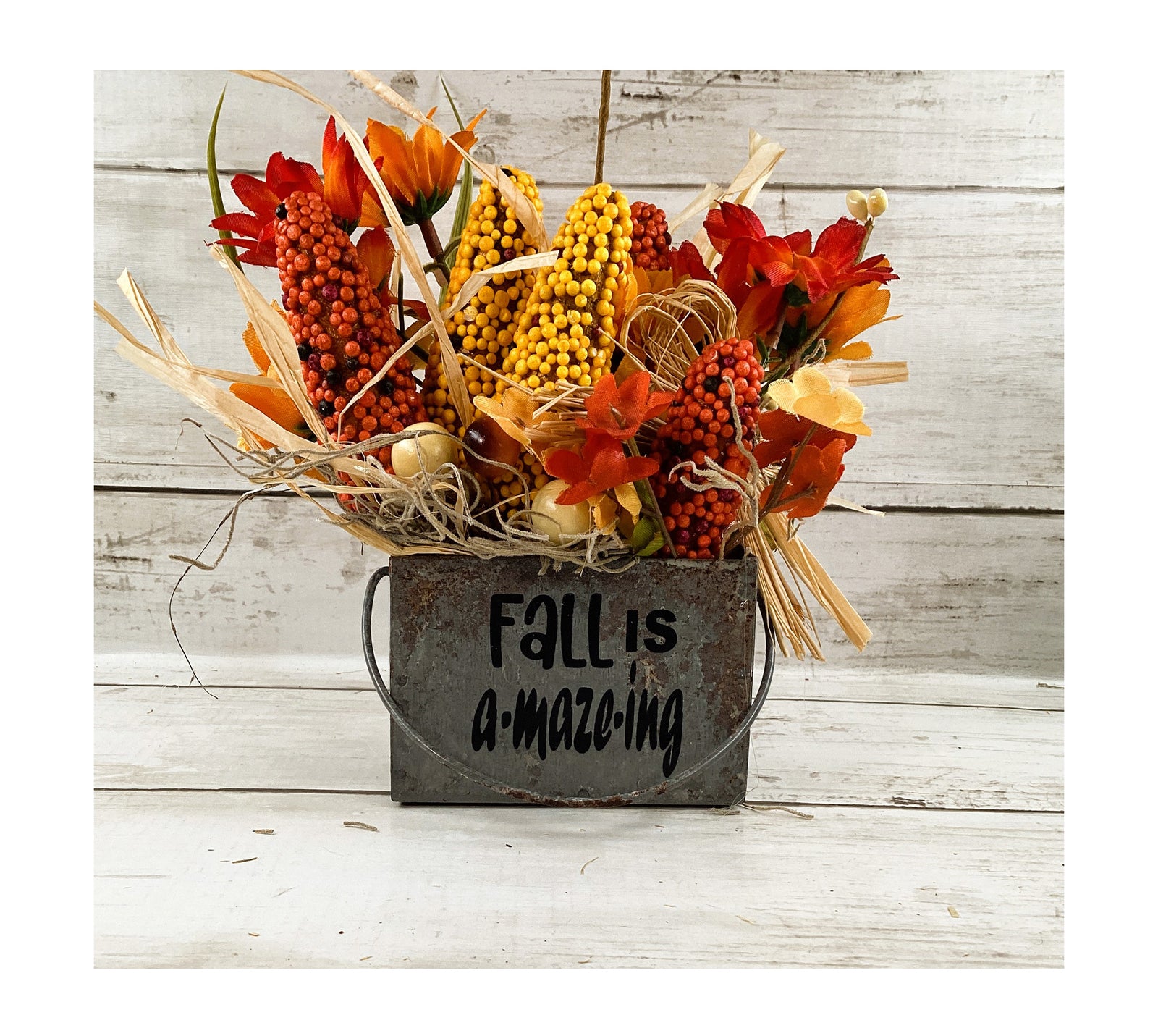 AGD Fall Decor - Fall Is Amazing Corn Galvanized Tin Crate Floral Display