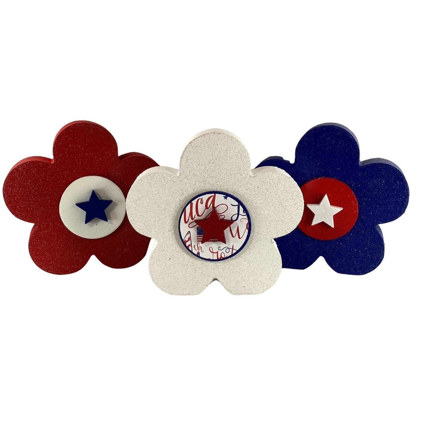 AGDPatriotic Decor - July 4th Chunky Wood Flowers Sitter 3pc Set