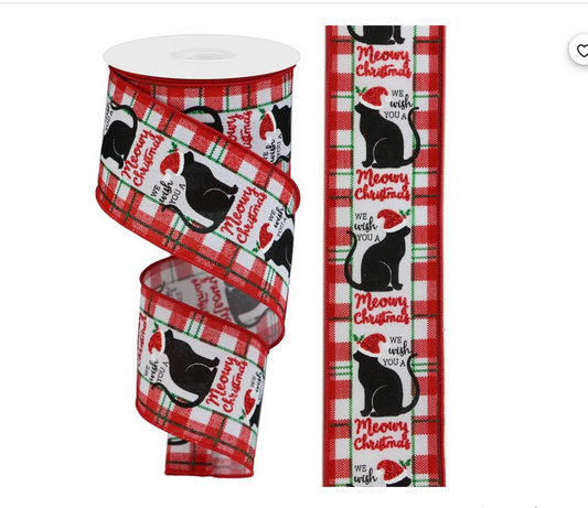Christmas Craft Ribbon - Santa Hat Cat Black Red White Meowy 10yds 2.5"