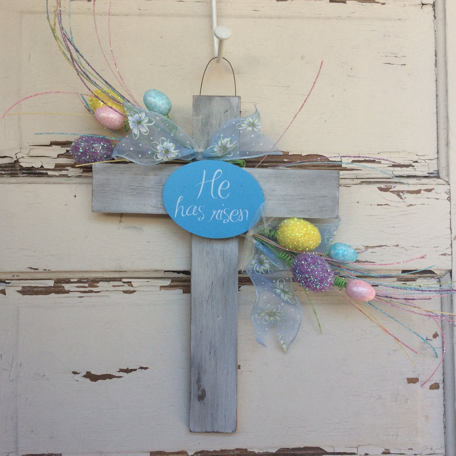 AGD Easter Decor –  He Has Risen White Wash Wood Cross