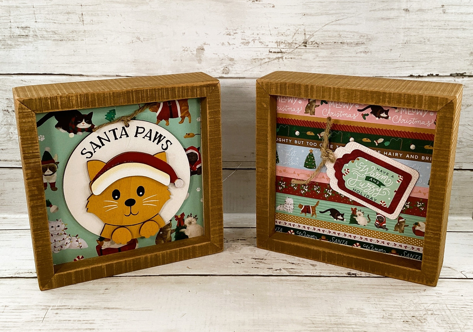 AGD Christmas Decor - Santa Paws Kitty Cat Theme Box Signs 2pc Set