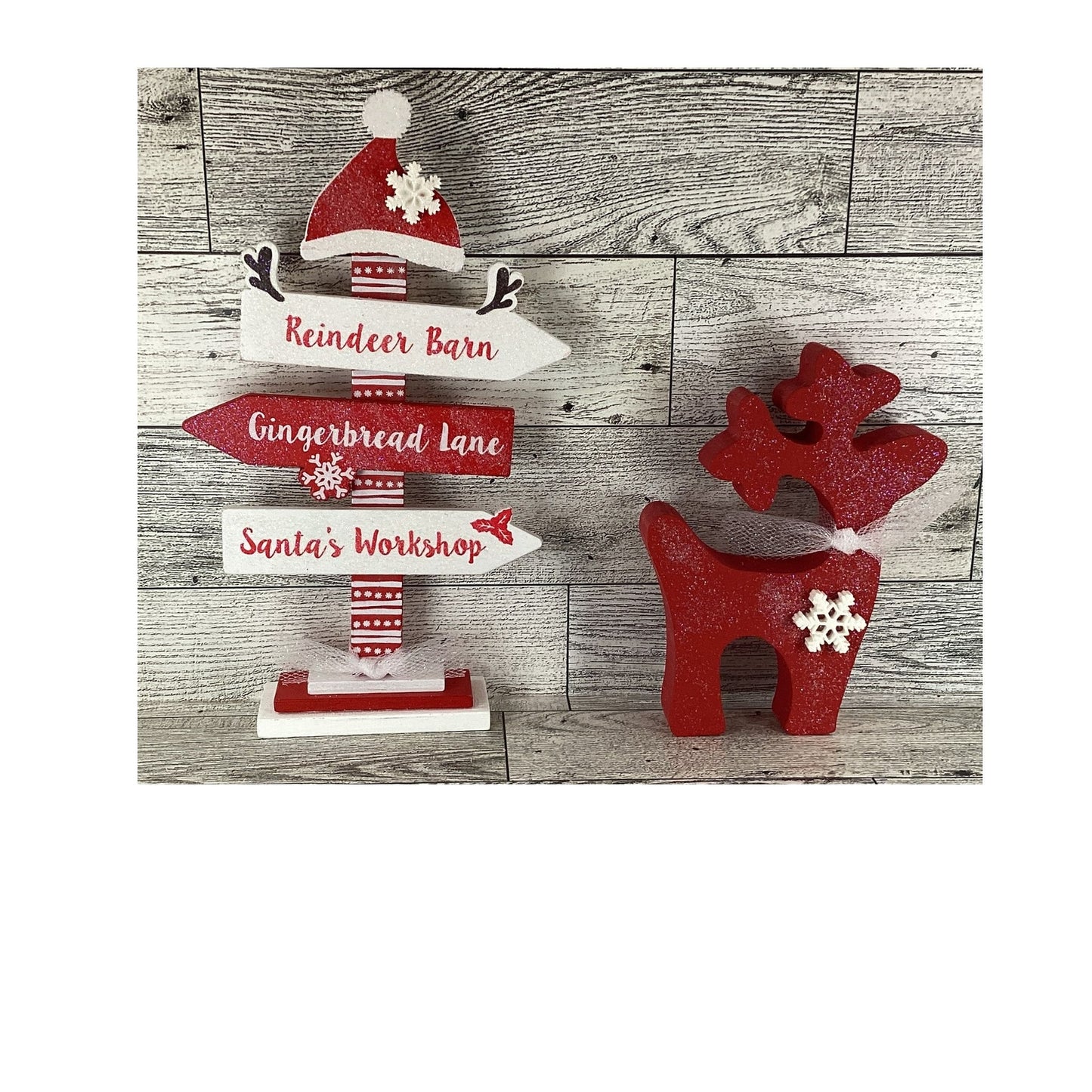 AGD Christmas Decor - Whimsy Red White Reindeer Directional Sign 2pc Set