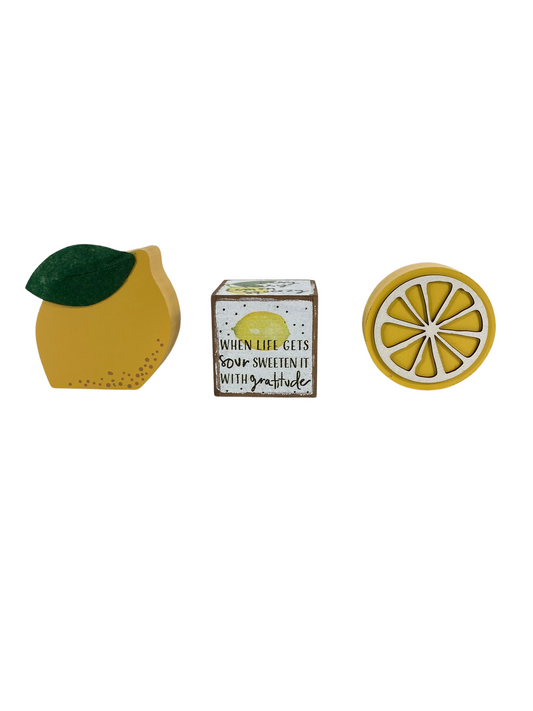 AGD Summer Decor - Lemon Theme Tier Tray Chunky Wood Sitters 3pc