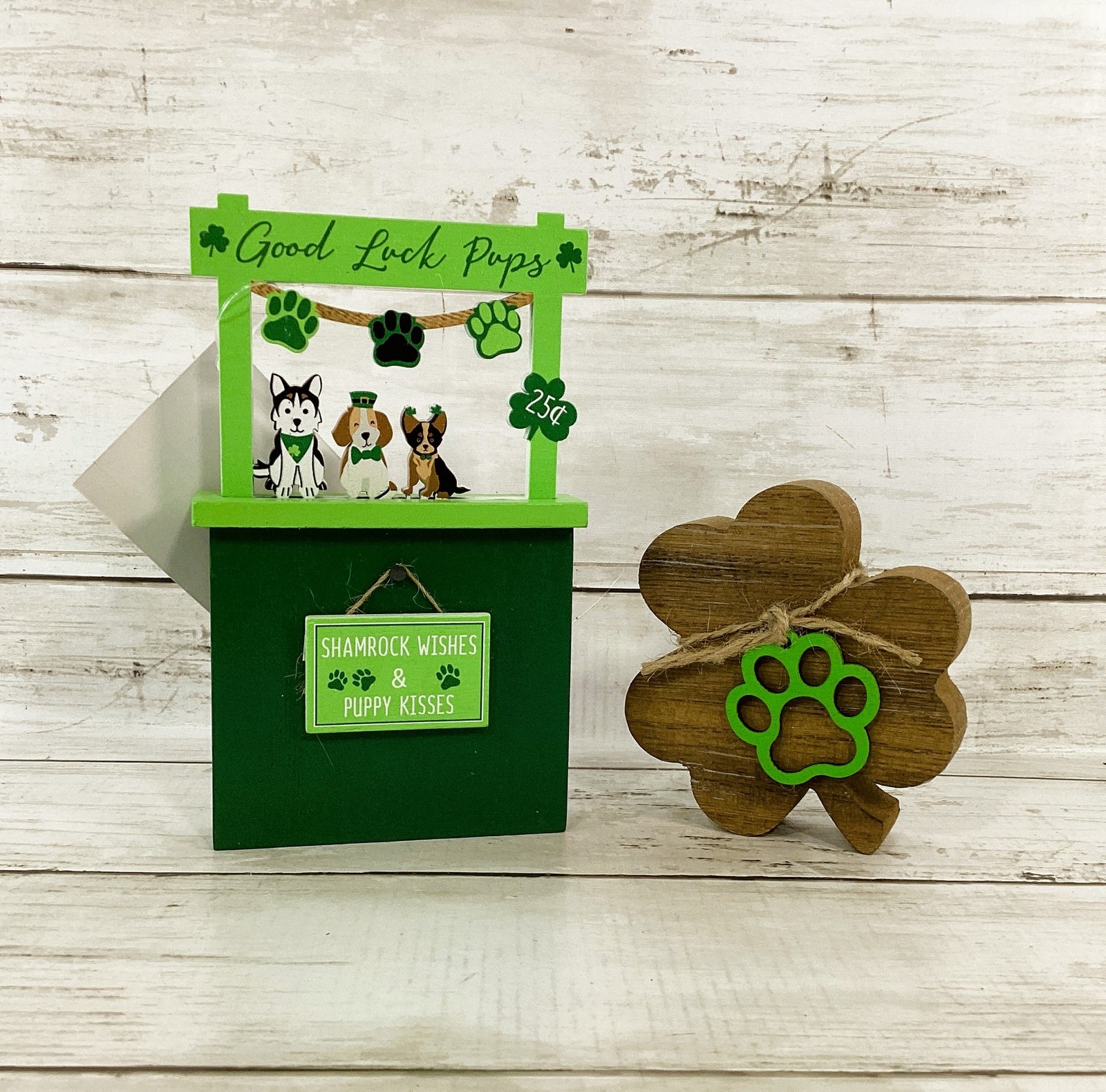 St Patricks Decor - Good Luck Pup Dog Clover Booth 2pc