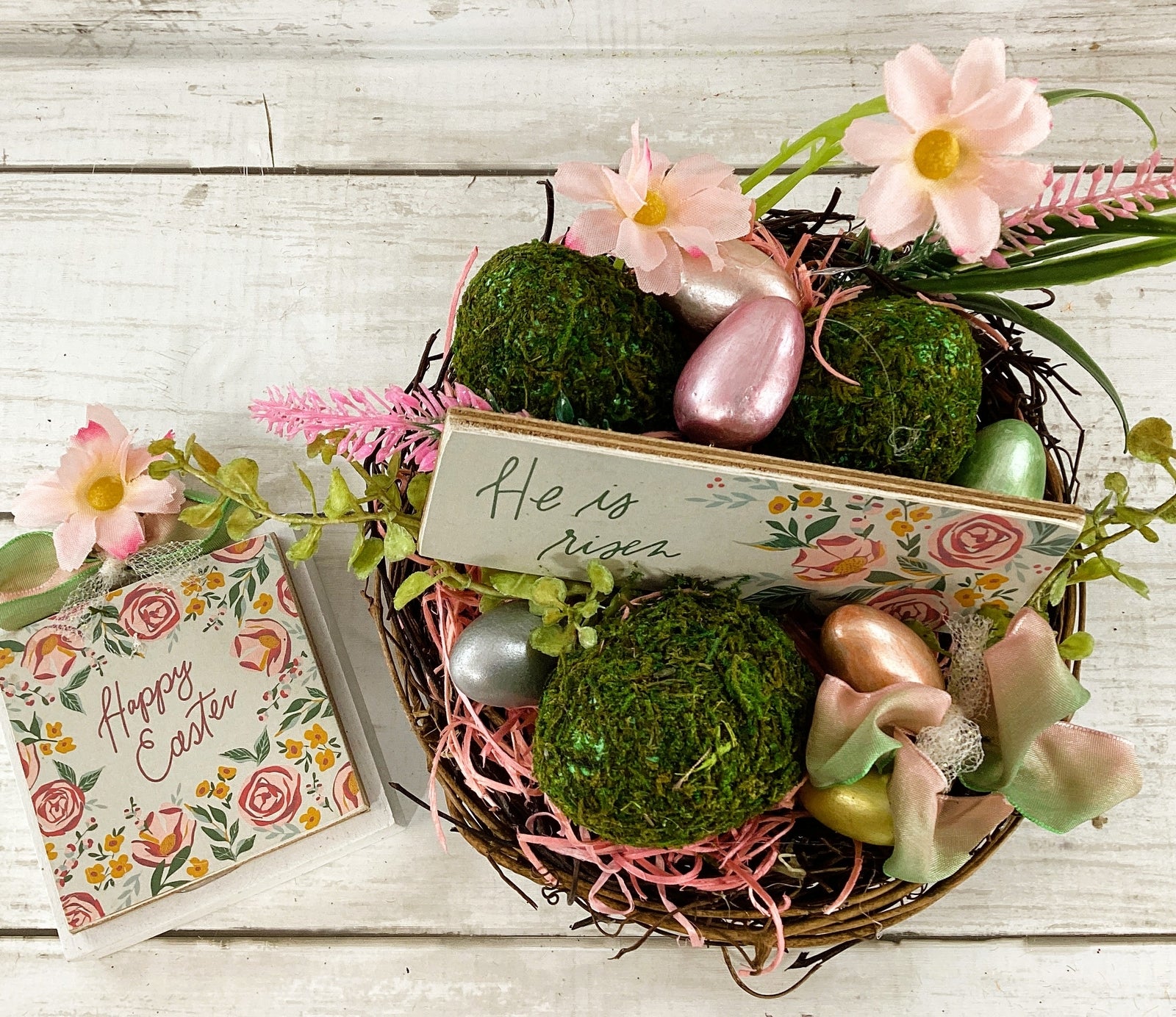 AGD Easter Decor - He Is Risen Happy Easter Floral Birds Nest Display