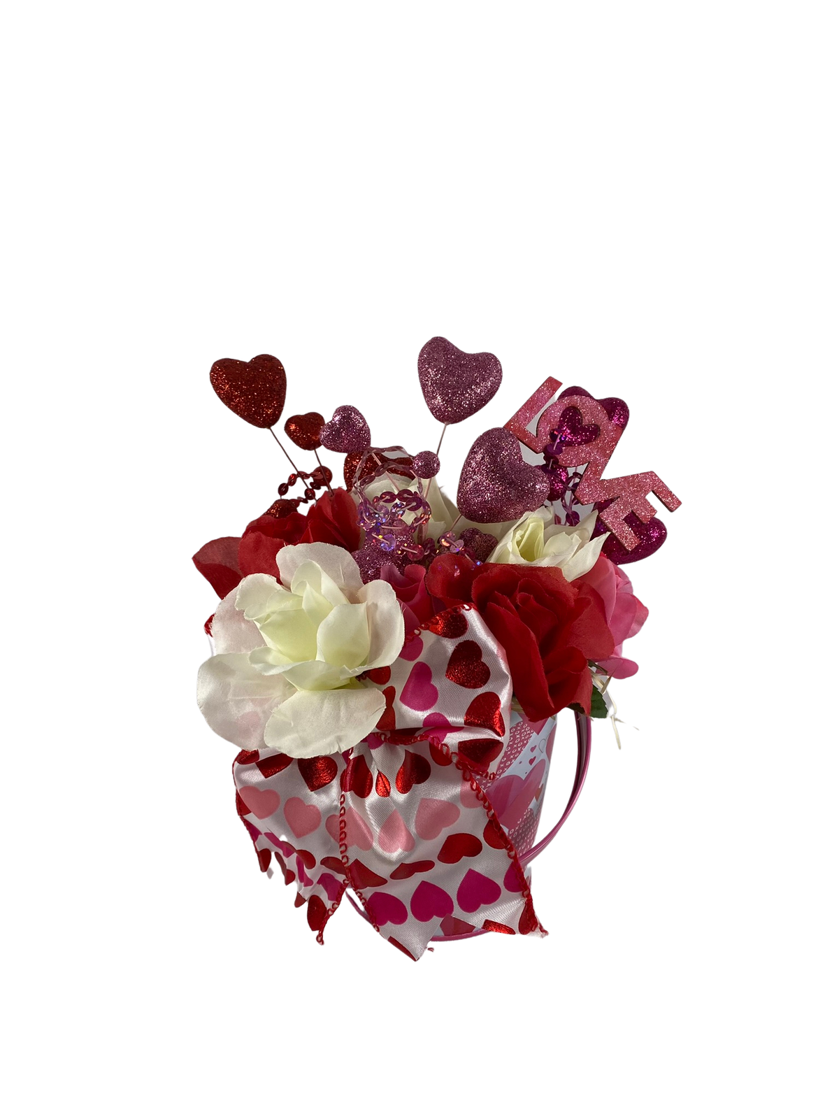 AGD Valentines Decor  – Pink Red White Roses Floral  Small Centerpiece