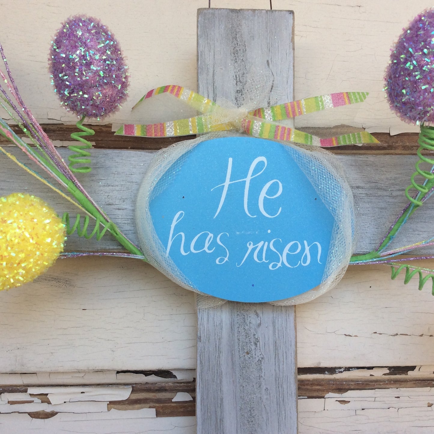 AGD Easter Decor –  He Has Risen White Wash Wood Cross