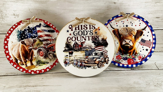 AGD Patriotic Decor - July 4th Highland Cow Farm Tractor Barn 3pc Set