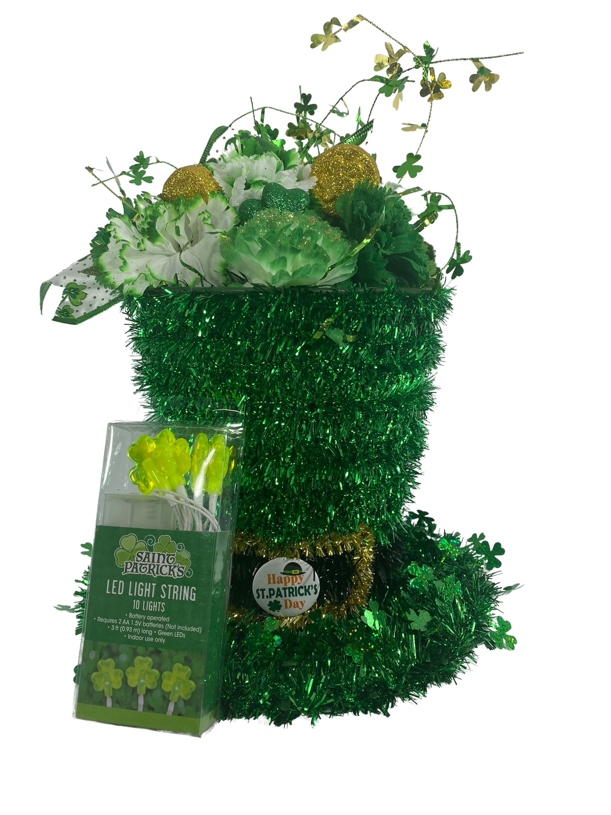 AGD St Patrick's Decor - Large Green Lighted Tinsel Tophat Centerpiece
