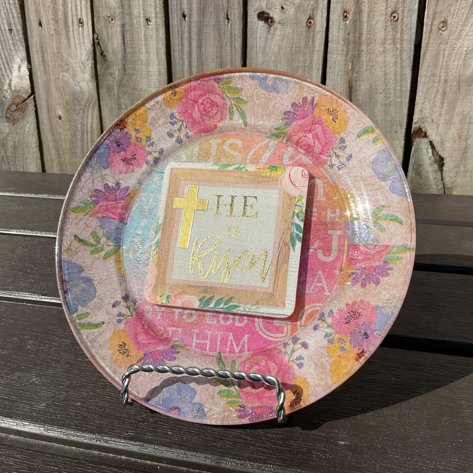 AGD Easter Decor - He Is Risen Pastel Floral Decoupage Glass Plate 7inch