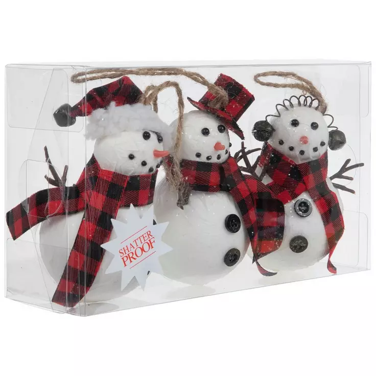 HL Christmas Decor - Buffalo Check Red Black Snowman Ornaments 3pc