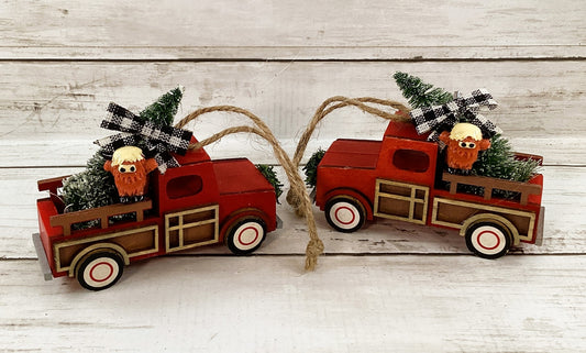 AGD Christmas Decor - Highland Scottish Cow Vintage Truck Ornament 2pc