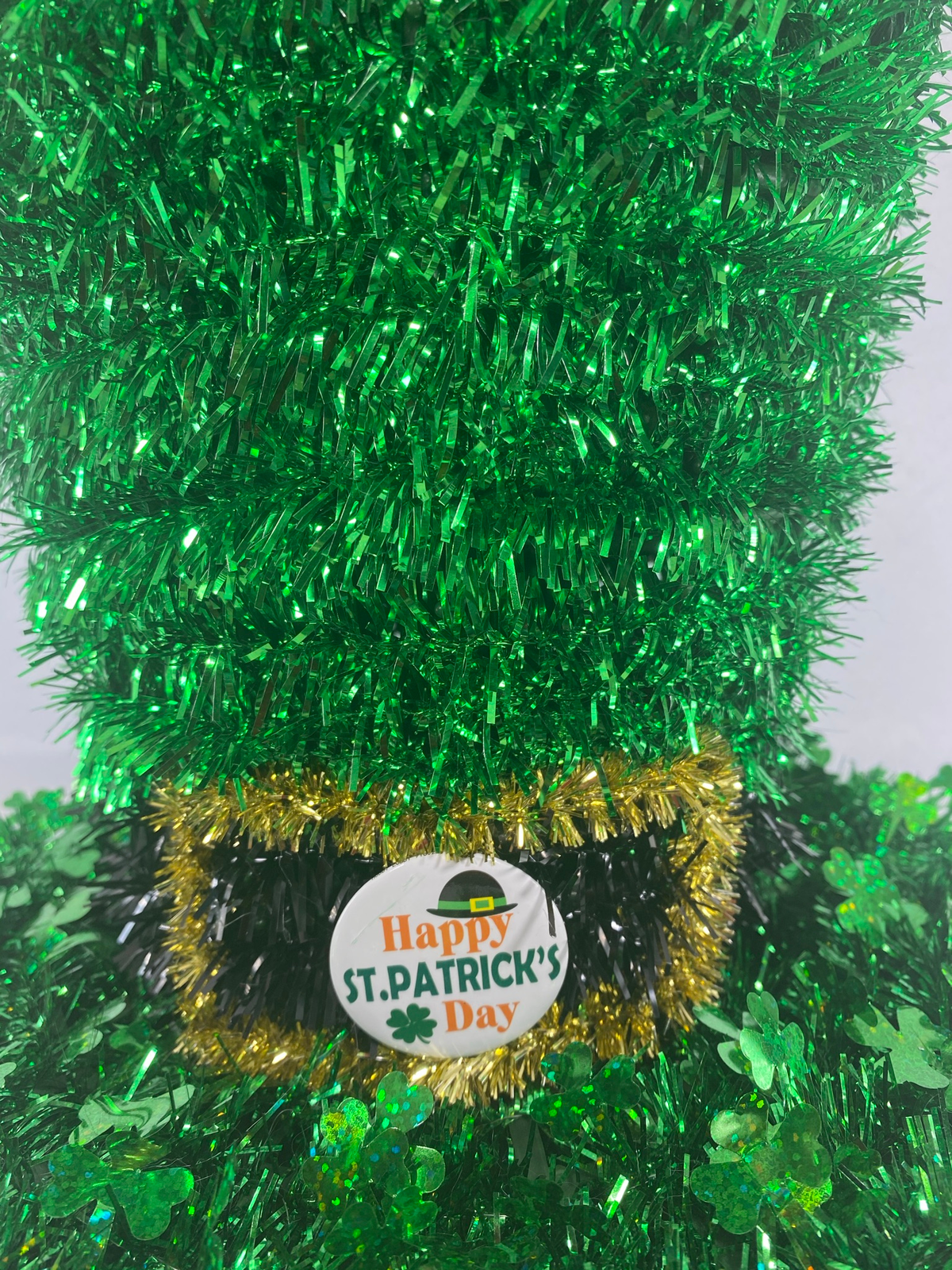 AGD St Patrick's Decor - Large Green Lighted Tinsel Tophat Centerpiece