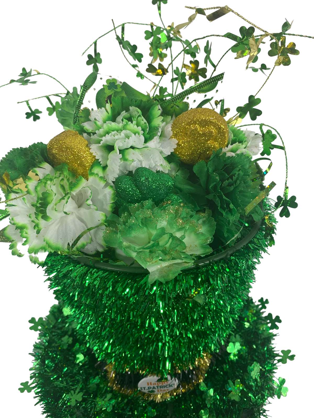 AGD St Patrick's Decor - Large Green Lighted Tinsel Tophat Centerpiece