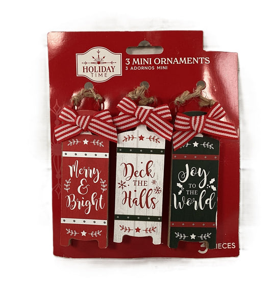WM Christmas Decor - Miniature Tree Sled Sleigh Ornaments 3pc Set