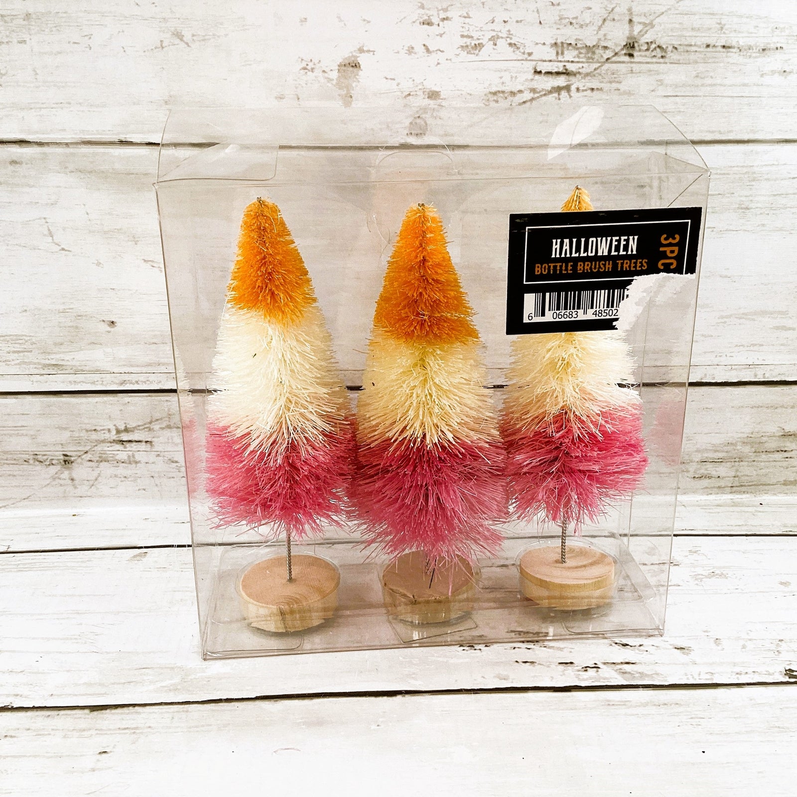 WM Halloween Decor - Small Bottle Brush Orange White Pink Trees 3pc Set