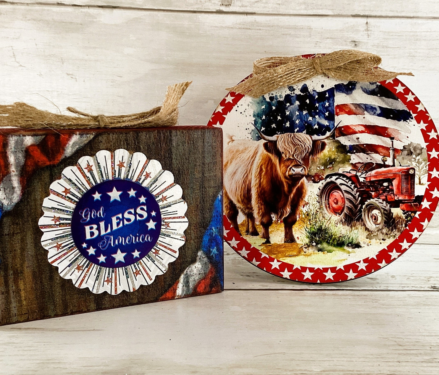 AGD Patriotic Decor - July 4th Highland Cow Farm Tractor Signs 2pc Set