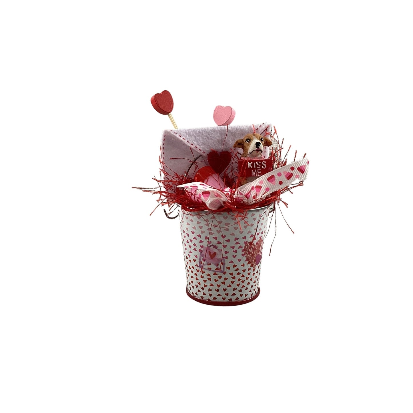 AGD Valentines Decor - Miniature Kiss Me Tin Pail Resin Puppy Dog Display