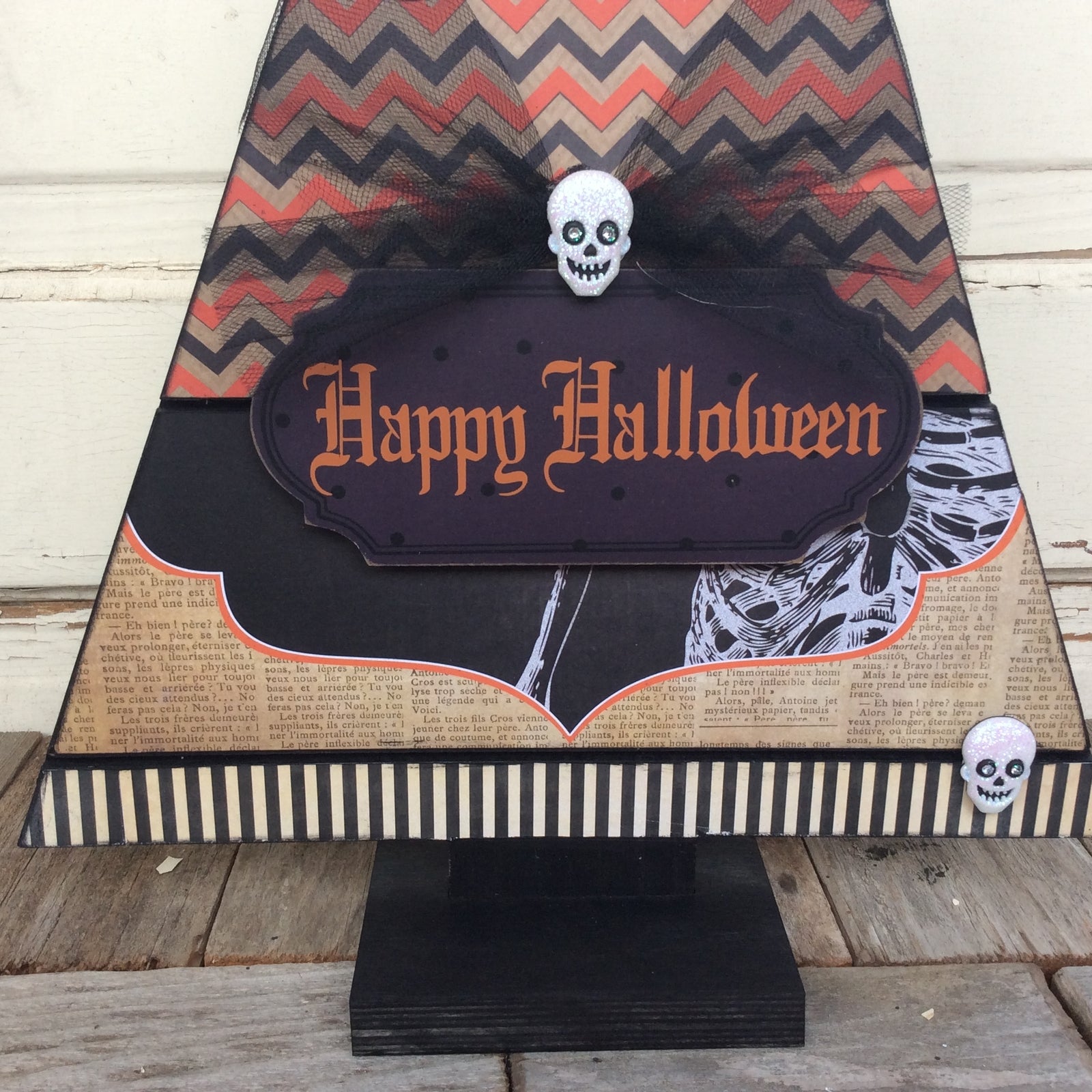 AGD Halloween Decor - SKULL Black Wood Slat Table Top Tree
