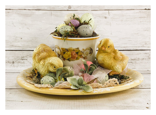 AGD Easter Decor - Vintage Teacup Resin Chicks on Plate Display